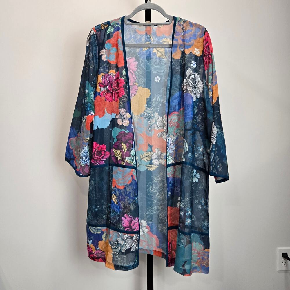 Soft Surroundings Sheer Chiffon Kimono Boho Floral Open Front Medium Art to Wear - Picture 2 of 8